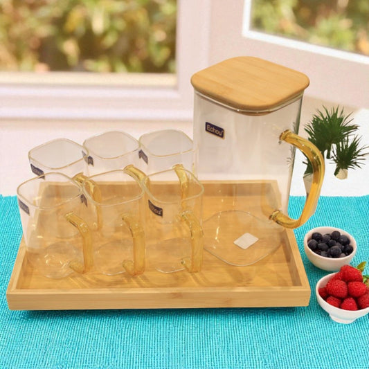 Limon 8-Piece Glass Pitcher Set with Wooden Lid & Serving Tray – Elegant Beverage Set for Water, Juice & Drinks | Adornia.pk