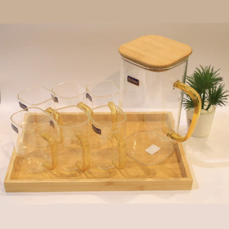 Limon 8-Piece Glass Pitcher Set with Wooden Lid & Serving Tray – Elegant Beverage Set for Water, Juice & Drinks | Adornia.pk