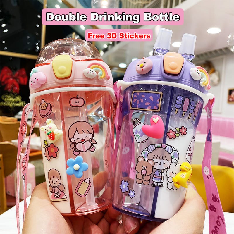 Cute Children Double Drinking Water Bottle Straw Portable Bottle Student Couple Plastic Cup Gift School Kids