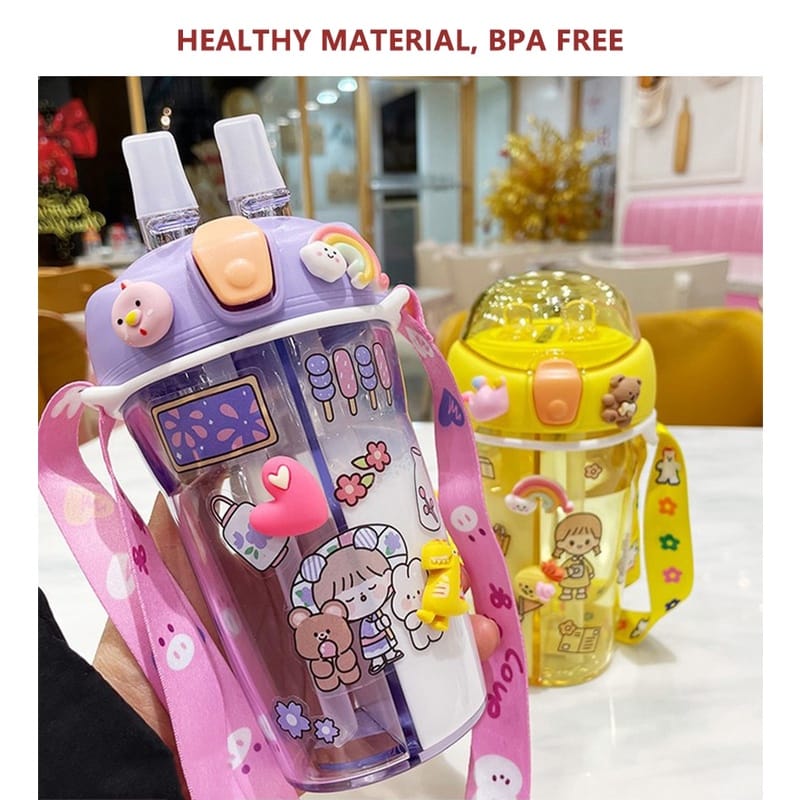 Cute Children Double Drinking Water Bottle Straw Portable Bottle Student Couple Plastic Cup Gift School Kids