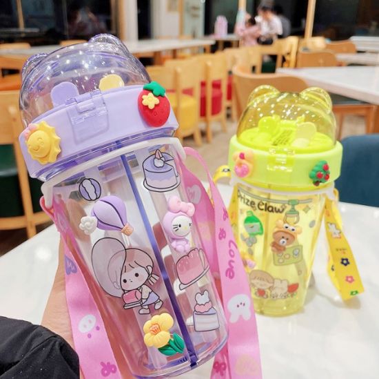 Cute Children Double Drinking Water Bottle Straw Portable Bottle Student Couple Plastic Cup Gift School Kids