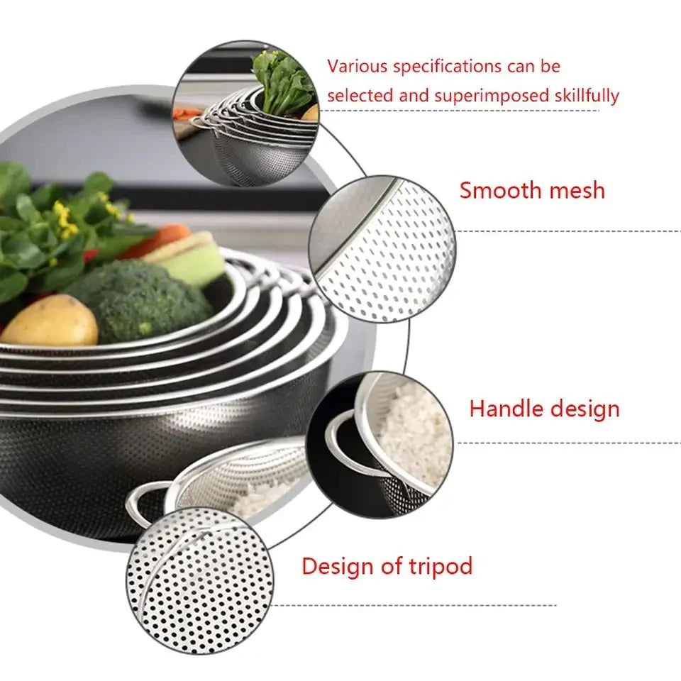 Set Of 6 Stainless Steel Punching Basket, Kitchen Steel Mesh Strainer Colander Set