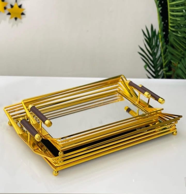 Pair Of Gold Mirror Vanity Tray With Handles