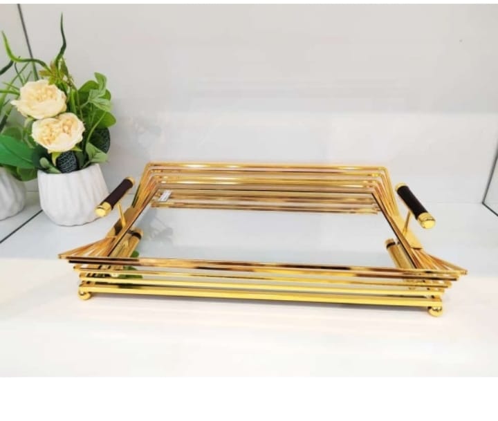 Pair Of Gold Mirror Vanity Tray With Handles