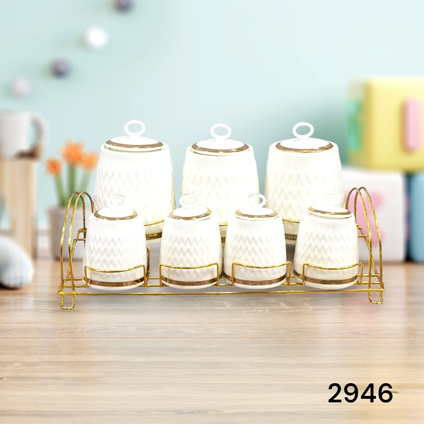 7 Piece  Ceramic Canister Set With Golden Metal Stand