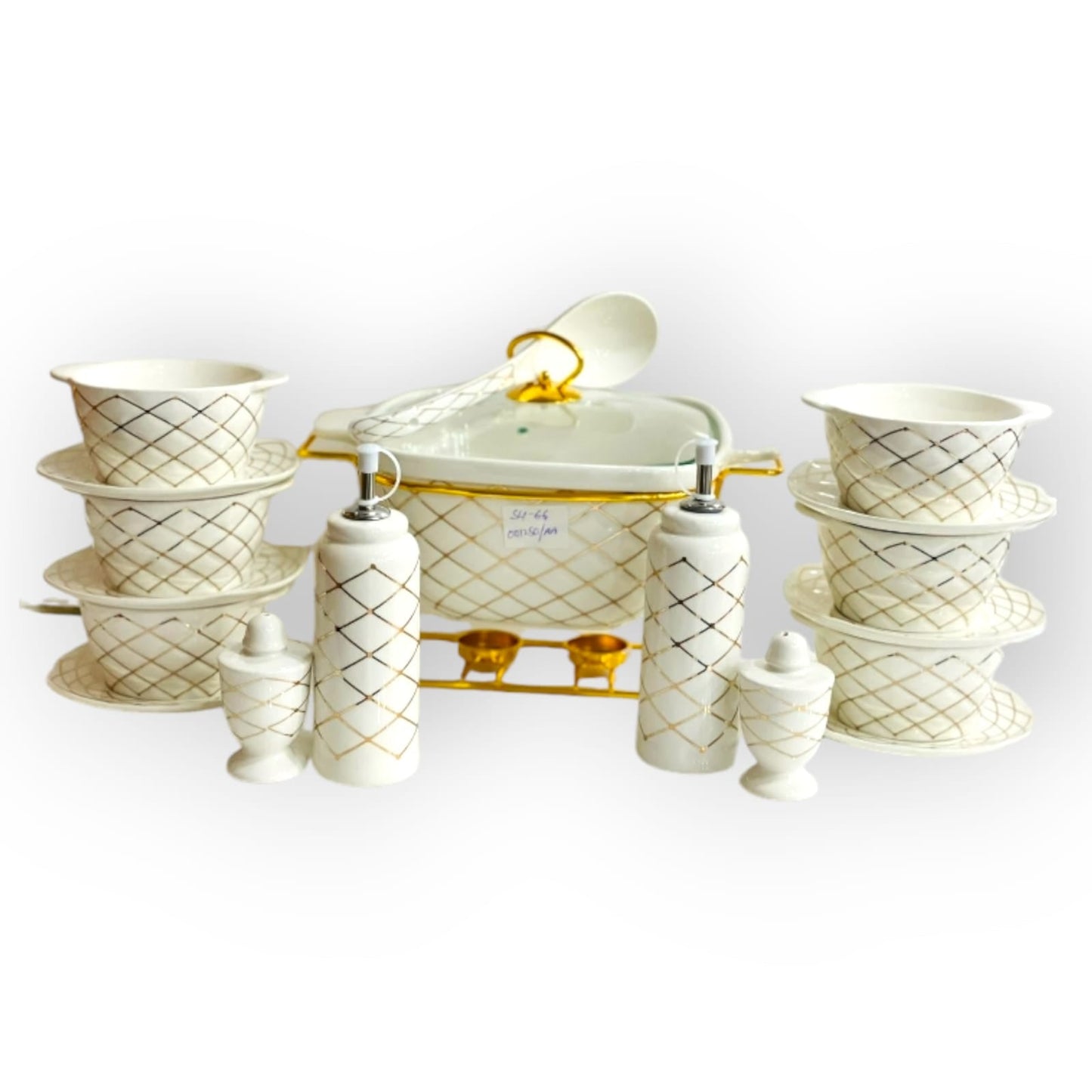 Bone China Shallow Porcelain Soup Set With Golden Stand