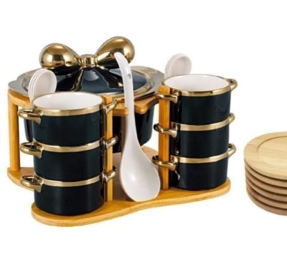 Golden Ribbon Ceramic Soup Set with Wooden Stand