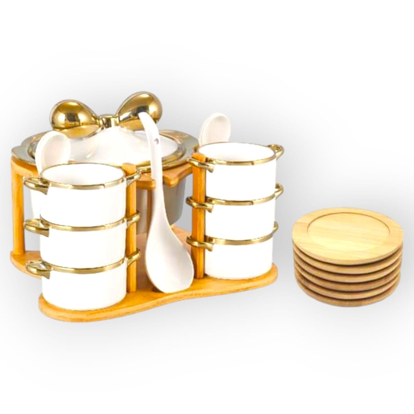 Golden Ribbon Ceramic Soup Set with Wooden Stand