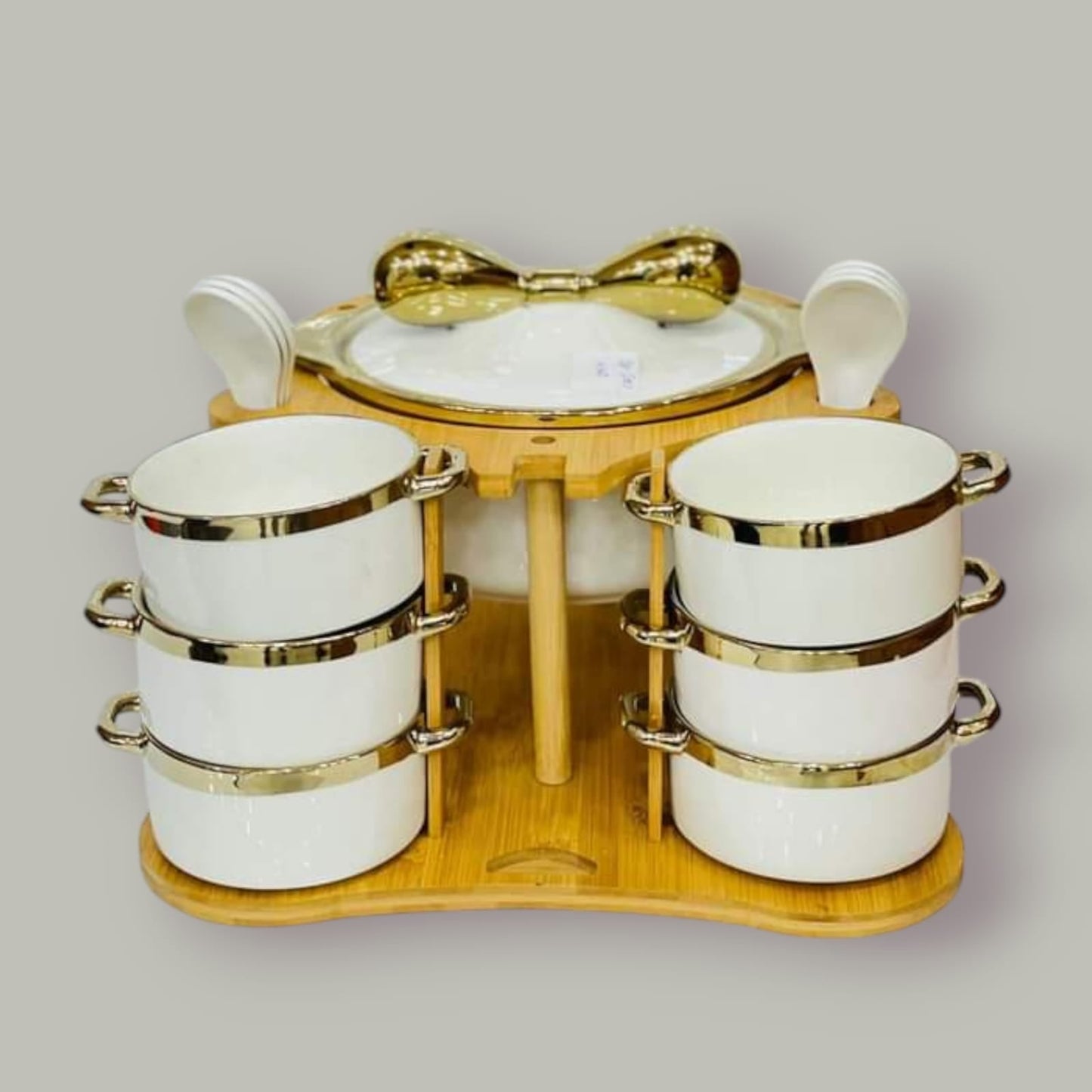 Golden Ribbon Ceramic Soup Set with Wooden Stand