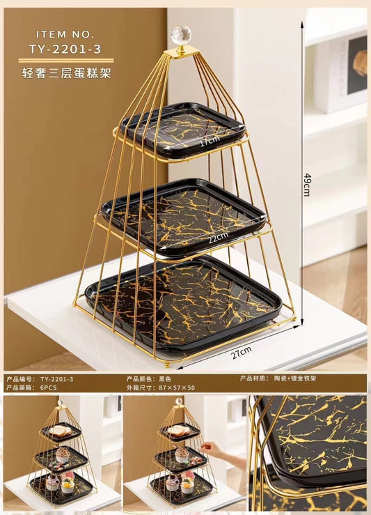 Elegant 3-Tier Golden Metal and Ceramic Dessert Stand