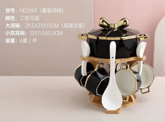 Luxury Ceramic Soup Pot Set with Bow Lid and Utensil Holder (6-Piece Set)