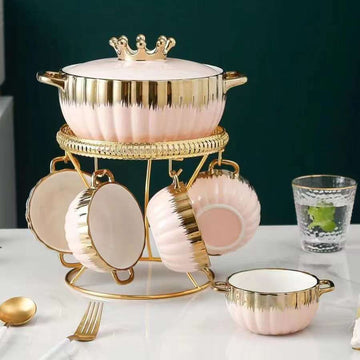 Royal Ceramic Serving Set with Golden Stand – 1 Big Bowl with Cover & 6 Small Bowls (Available in White, Black, Green, and Pink)