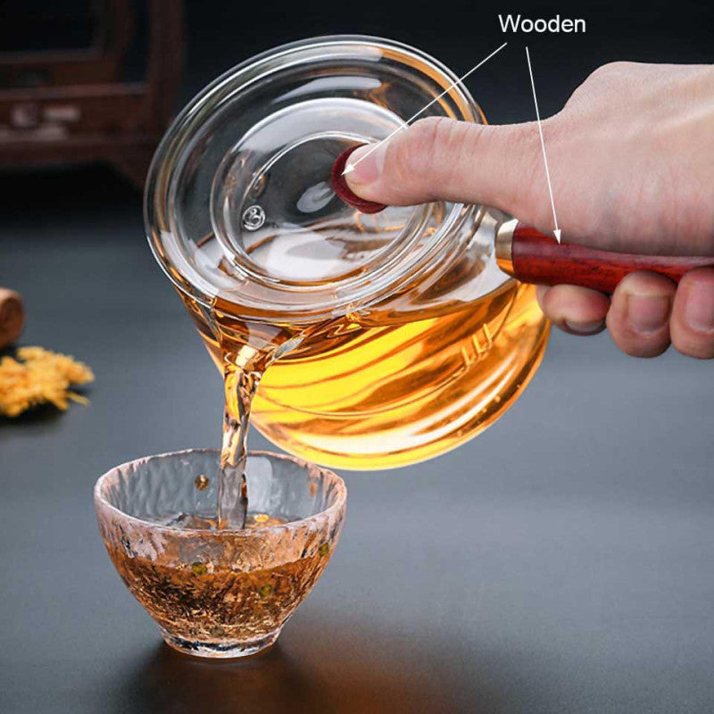 Dual Chamber Glass Tea Infuser with Wooden Handle – Heat-Resistant Teapot for Loose Leaf & Herbal Tea | Adornia.pk
