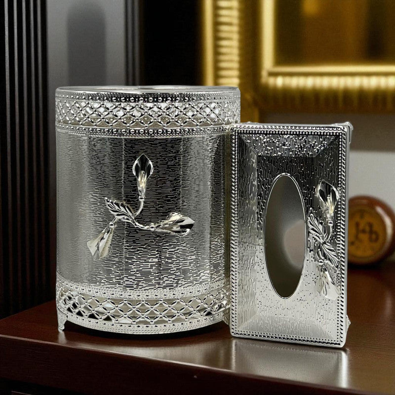 Luxury Silver Textured Tissue Box & Bin Set – Decorative Flower Detailing