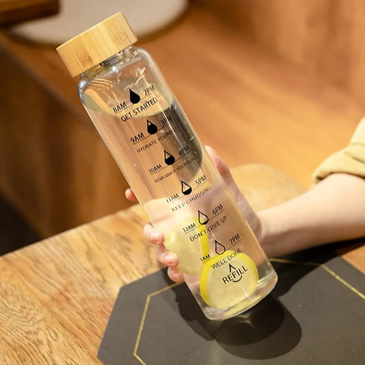 HydraMark Glass Bottle with Bamboo Lid & Time Marker