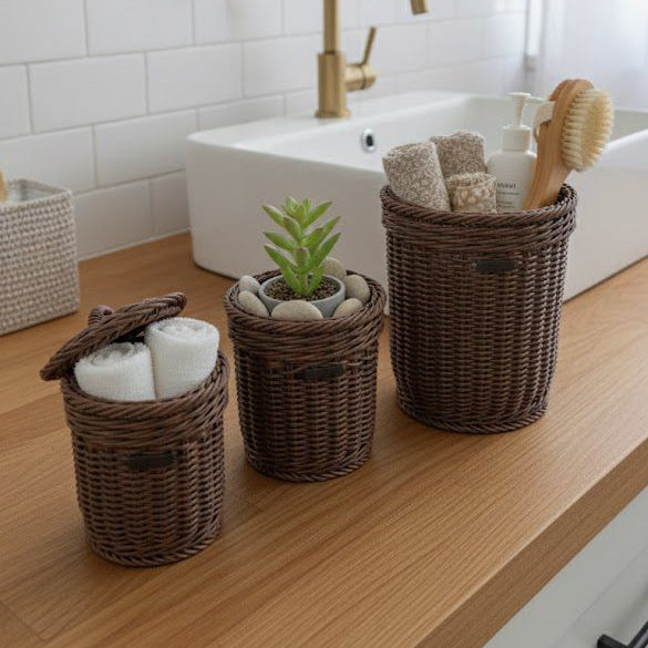 3Pcs Handmade Cylindrical Baskets with Lids (51122) by Ziba