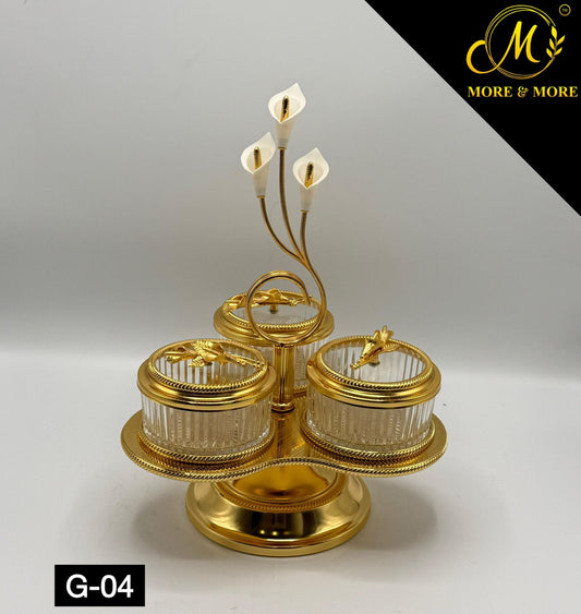 Luxury Gold 4-Partition Dry Fruit Serving Set with Stand – Glass Bowls & Golden Holder