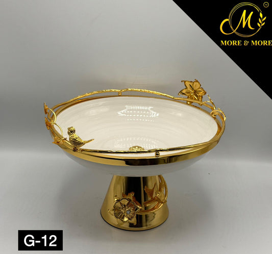 Luxury Gold Pedestal Fruit Bowl with Decorative Bird & Floral Accents