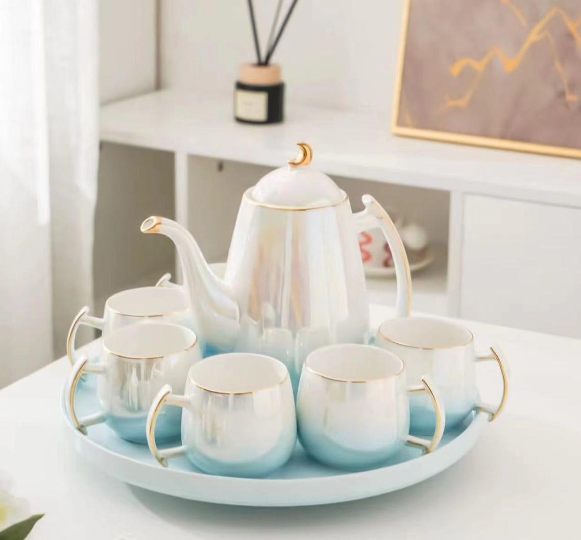 Ceramic Tea Set With 6 Cups 1 Kettle And 1 Tray