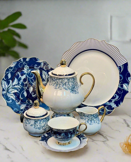 24Pcs Fine Bone China Tea Set (Blue Pattern Style)