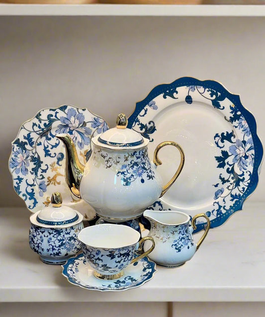 24Pcs Fine Bone China Tea Set (Blue Floral Style)