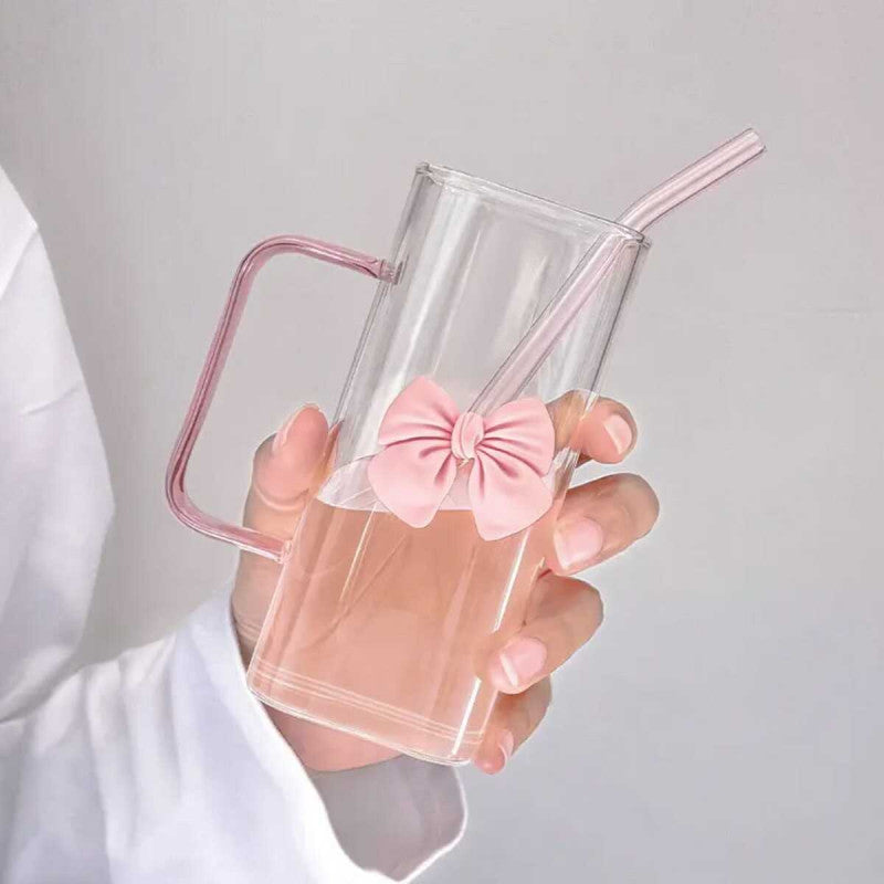 Clear Bow Glass with Lid & Straw – Stylish Drinking Cup for Juices & Smoothies | Adornia.pk