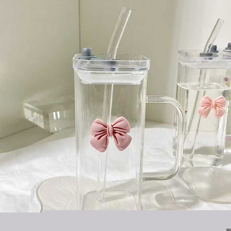 Clear Bow Glass with Lid & Straw – Stylish Drinking Cup for Juices & Smoothies | Adornia.pk