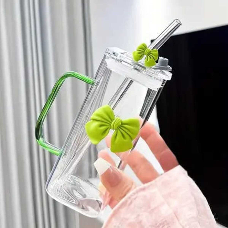 Clear Bow Glass with Lid & Straw – Stylish Drinking Cup for Juices & Smoothies | Adornia.pk