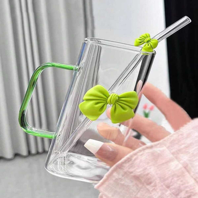 Clear Bow Glass with Lid & Straw – Stylish Drinking Cup for Juices & Smoothies | Adornia.pk