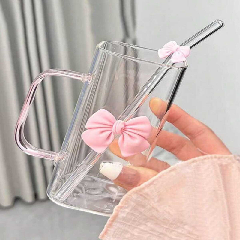 Clear Bow Glass with Lid & Straw – Stylish Drinking Cup for Juices & Smoothies | Adornia.pk