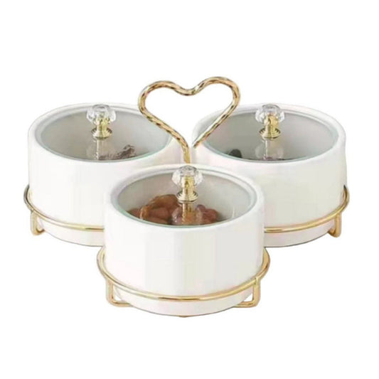 3-Division Dry Fruit Bowls White With Golden Stand