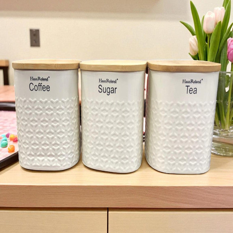 Metallic Canister Trio – Sugar, Tea & Coffee Jar Set with Airtight Bamboo Lids 1000ML (White)