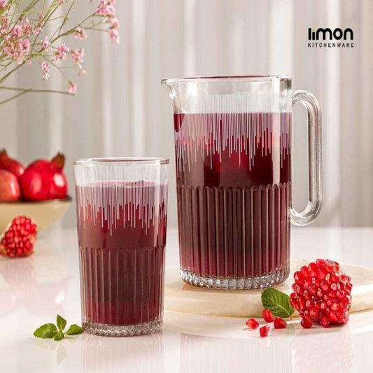 CrystalServe Ribbed Glass Pitcher & Drinking Glasses Set – Elegant Beverage Serveware | Adornia.pk