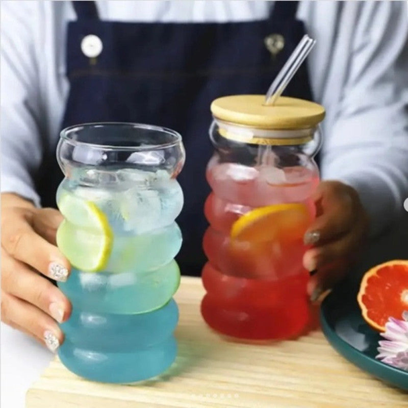 BubbleWave Glass Tumbler with Wooden Lid & Reusable Straw – Eco-Friendly Drinkware | Adornia.pk
