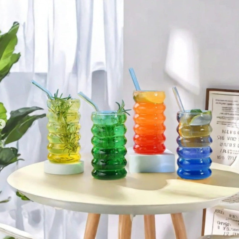 BubbleWave Glass Tumbler with Wooden Lid & Reusable Straw – Eco-Friendly Drinkware | Adornia.pk