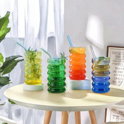 BubbleWave Glass Tumbler with Wooden Lid & Reusable Straw – Eco-Friendly Drinkware | Adornia.pk