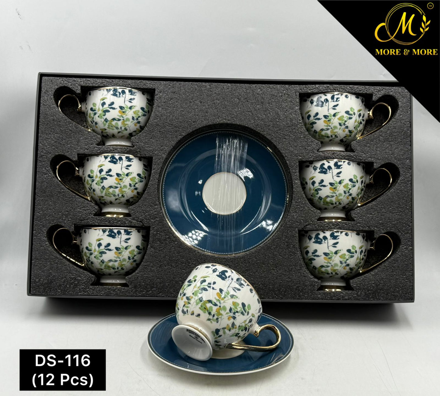 Premium 12-Piece Botanical Cups & Saucers Set — Fresh Blue & Green Leaf Johnson Bros inspired Design