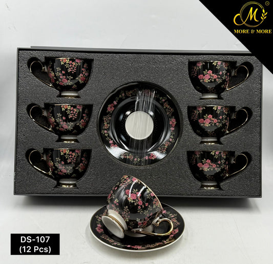 Johnson Bros Inspired 12-Piece Black Floral Cups & Saucers Set – Luxury Rose Bloom Edition