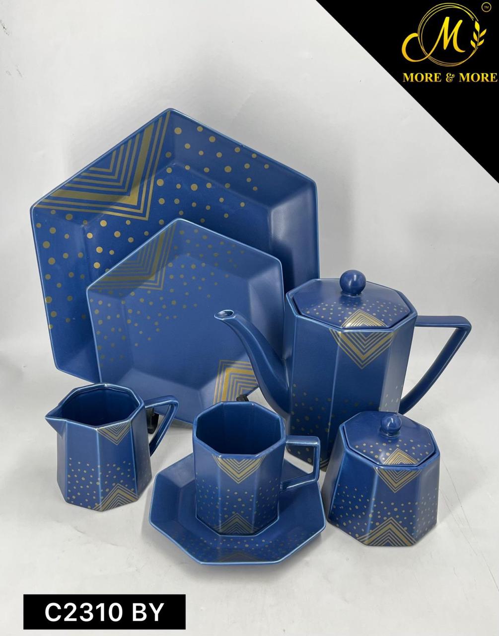 Imported Cobalt Blue & Gold 24-Piece Luxury Stoneware Tea Set – Geometric Elegance