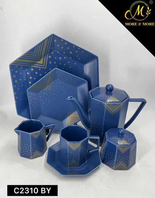Imported Cobalt Blue & Gold 24-Piece Luxury Stoneware Tea Set – Geometric Elegance