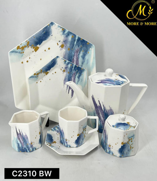 Imported Azure & Gold 24-Piece Luxury Stoneware Tea Set – Modern Watercolor Geometric Design