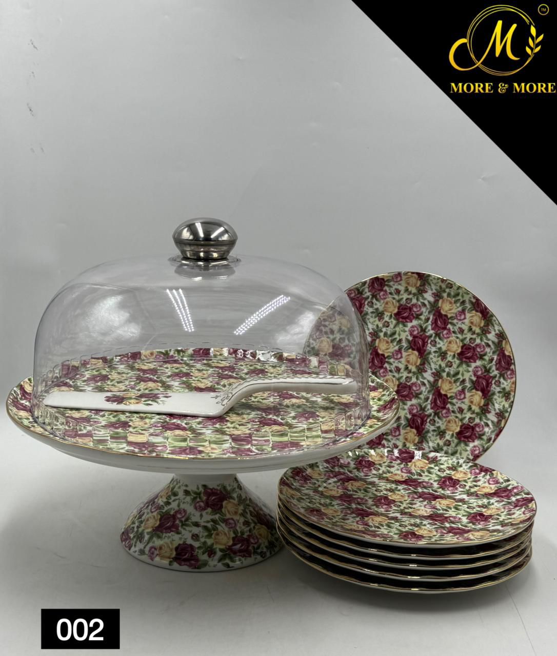 Royal Albert–Inspired 9-Pcs Bone China Cake Set | Floral Elegance with Dome