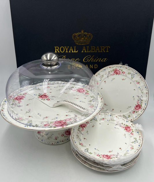 Royal Albert–Inspired 9-Pcs Bone China Cake Set | Floral Elegance with Dome