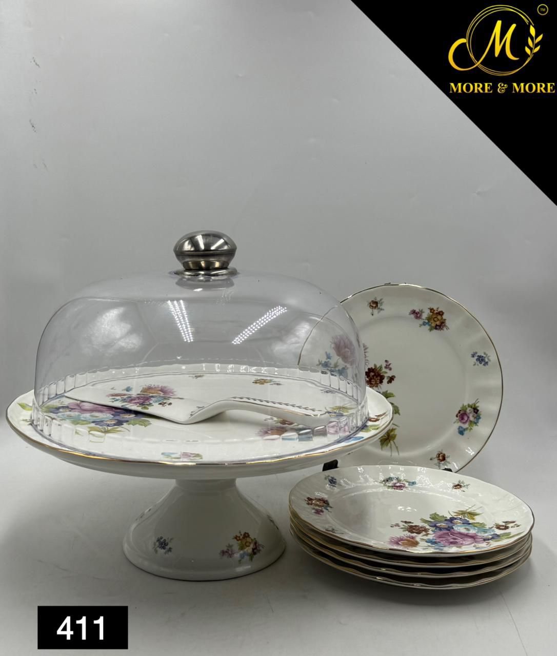 Royal Albert–Inspired 9-Pcs Bone China Cake Set | Floral Elegance with Dome