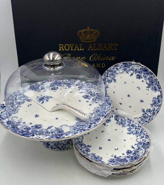 Royal Albert–Inspired 9-Pcs Bone China Cake Set | Floral Elegance with Dome