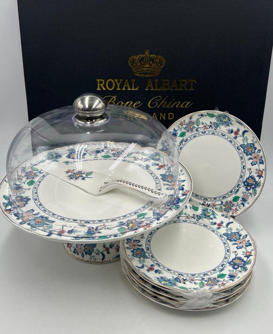 Royal Albert–Inspired 9-Pcs Bone China Cake Set | Floral Elegance with Dome