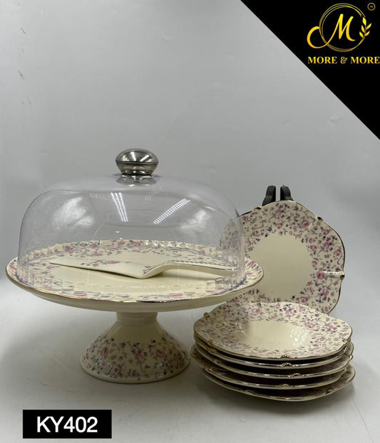 Royal Albert–Inspired 9-Pcs Bone China Cake Set | Floral Elegance with Acrylic Dome lid