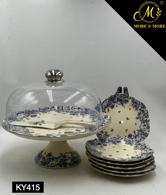 Royal Albert–Inspired 9-Pcs Bone China Cake Set | Floral Elegance with Dome