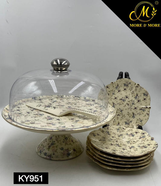 Royal Albert–Inspired 9-Pcs Bone China Cake Set | Floral Elegance with Dome