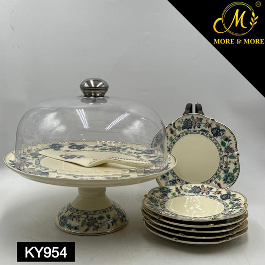 Royal Albert–Inspired 9-Pcs Bone China Cake Set | Floral Elegance with Dome